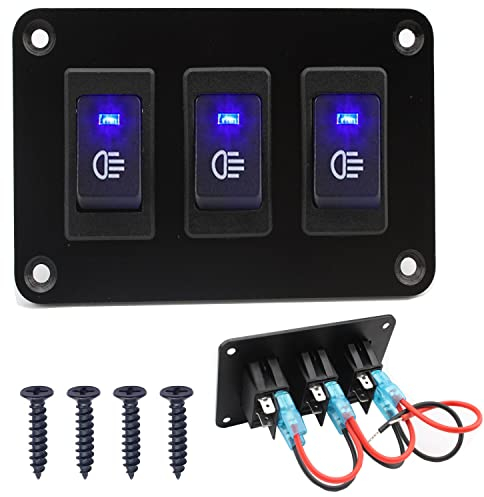 RUNCCI-YUN 3 Gang 12V pannello interruttore, Pannello interruttore a bilanciere 4 Pin On Off Toggle interruttori luce blu pannello impermeabile per 12V/24V Marine Boat RV Truck Car ATV