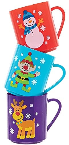Baker Ross FX398 Christmas Chums Mugs - Pack of 4, Kids Plastic Festive Mugs, Xmas Kids Cups, Reusable Plastic Cups for Children