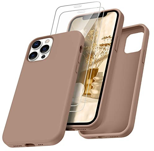 DOMAVER iPhone 12/12 Pro Coque Silicone avec 2 Verre Trempé, Liquide Coque Téléphone pour iPhone 12 Antichoc, Douce Doublure en Microfibre Protection iPhone 12, Brune Caramel