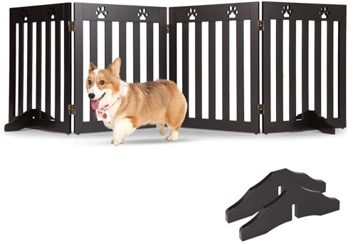 GYMAX Barrière de Sécurité en Bois Pliable pour Chiens avec 4 Panneaux, Barrière Extensible avec Charnières Flexibles à 360°, Clôture 203X 60 CM (Marron)