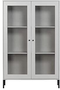 WOOOD Xam Vitrinenschrank Kiefer Holz Hellgrau - Stilvoller 2-türige Hängschrank mit Glastüren Einfach Hoher Qualität 155x100x40 cm