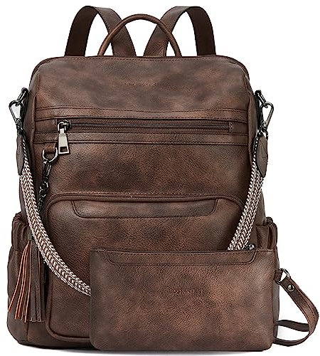 BOSTANTEN 2 Pieces Leder Rucksack Damen Freizeitrucksack Reise Handtasche Rucksackhandtasche Tagesrucksack mit Handgelenktasche Kaffee