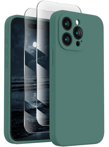 FireNova Designed for iPhone 15 Pro Max Case, Silicone Upgraded [Camera Protection] Phone Case with [2 Screen Protectors], Soft Anti-Scratch Microfiber Lining Inside, 6.7 inch, Midnight Green