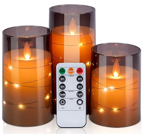 IMAGE Flackernde flammenlose Kerzen Batteriebetrieben, Acryl Shell Pillar LED-Kerzen mit 11-Tasten-Fernbedienung Timer für Hochzeit Weihnachten Home Decor Set von 3 (D3 in X H4 5 6 in), Grau