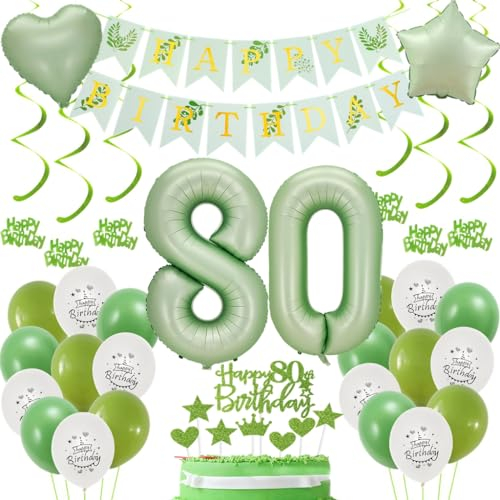 Grün Deko 80. Geburtstag für Frauen und Männer - Luftballons Salbeigrün, Dekoration Set, Geburtstagsdeko 80 Jahre