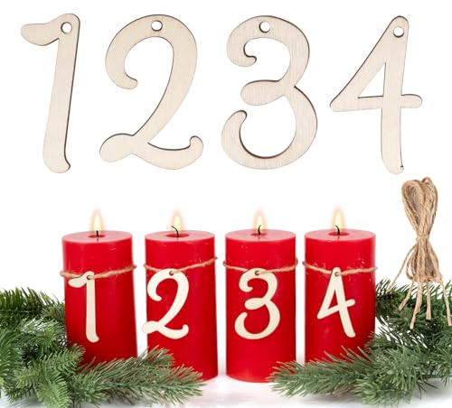 BETESSIN Adventskranz Zahlen 1-4 Holz Adventszahlen 1 2 3 4 für Kerzen Kleine Holzzahlen Kerzenhalter Kerzen Anhänger Adventskranz Deko Holzanhänger Weihnachten Adventskalender Kerzen Zahlen Advent