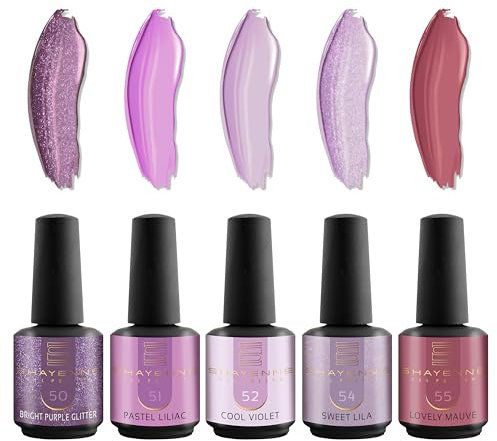 SHAYENNE UV Gel Nagellack 5 Lila Violett Glitzer Töne je 15 ml für UV LED Lampe | MADE in GERMANY Gesamt 75 ml | Gel Nail Polish for Lamp | Nagel Lack Gellack Nagelgel Variant 6