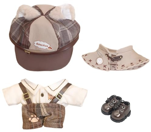 niannyyhouse Puppenkleidung, 10 cm, 15 cm, 20 cm, brauner Hut, Hemd, Riemen, Hose, Schal, Weste, Lederschuhe, Vintage-Detektiv-Anzug, weiches Plüschtier, verkleiden sich (10 cm)