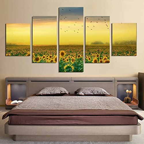 Leinwanddrucke Leinwandbilder 5 Teilig Traum-Sonnenblumengruppe 100×55 Cm Hd Gedruckt 5 Stücke Leinwand Wandkunst Malerei Modulare Poster Drucken Moderne Wohnzimmer Wohnkultur -8J8L/F9L