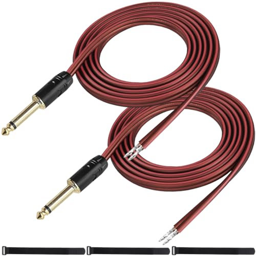 MKBKLLJY 2Pcs 1/4 TS Plug to Bare Speaker Wire 3FT 16AWG Positive Red Wire Marking Pure Copper Shell Gold-Plated TS Plug 6.35mm Mono Male Connector with Cable Ties for DJ DIY Guitar Speaker Projects