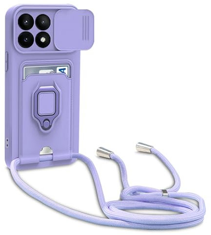 yanasuo Cover con Collana Compatibile con ‎Xiaomi Poco X6 Pro 5G/Redmi K70E 5G, Cover con Pratico Cordino, Slidable Protezione Fotocamera Slot Carte 360° Anello Supporto, Porpora