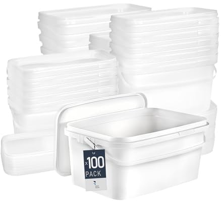 BenBow Rechteckiger Eimer mit Deckel 100x 5l weiß - lebensmittelecht, stapelbare Kunststoffbox mit Henkel - luftdicht, auslaufsicher, geruchsneutral, ideal für Haushalt und Gewerbe - leer