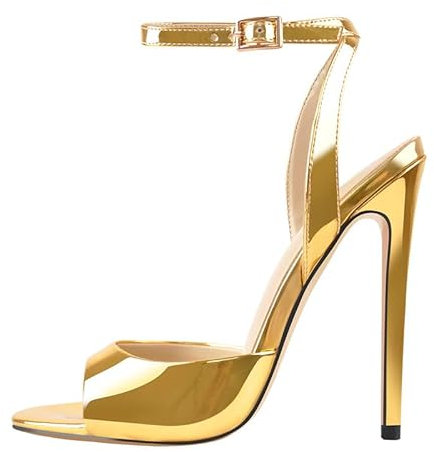 blingqueen Damen Peeptoe Sandaletten Lack Sandalen High Heels Runde Zehen Stiletto Absatz Gold 44 EU