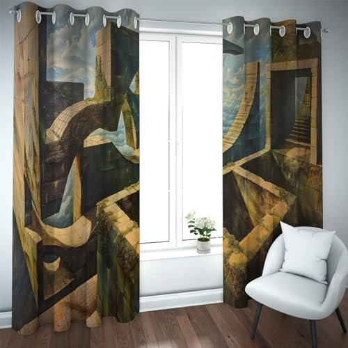 YUNART Außenlandschaft Verdunkelungsvorhänge Mysteriöses Labyrinthmuster Wärmeisolierte Schlafzimmervorhänge Moos- und Treppenvorhänge für Wohnzimmer 2X W180xL250cm