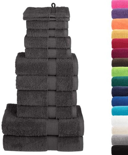 vidaXL Premium Handtuch Set 12-TLG., 2 Waschlappen 2 Seifentücher 2 Gästetücher 4 Handtücher 2 Duschtücher, Badetuch Saugfähig Maschinenwaschbar, Anthrazit 600g/m² 100% Baumwolle