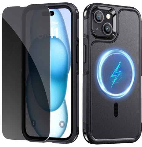 Lanhiem Magnetic for iPhone 15 Case with Privacy Screen Protector, 10 FT Military Grade Shockproof Heavy Duty Case Protective Phone Cover Compatible with MagSafe for iPhone 15 (Black)