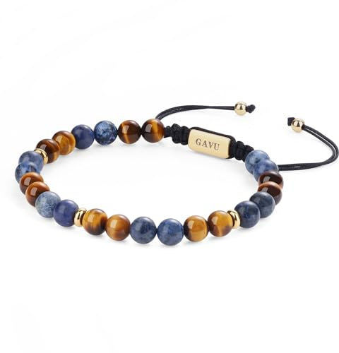 GAVU Herren Tigerauge Perlenarmband mit Dumortierit Naturstein Armband für Männer