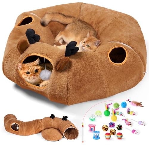 Odoland Katzentunnel mit Schlafplatz für Indoor Katzen, Multifunktionales Rascheltunnel mit Katzenspielzeug Reißverschluss Spieltunnel Tunnel für Katzen