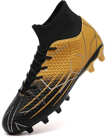 VTASQ Pojkar fotbollsskor barn gräs fotbollsskor professionella tonåringar friidrott sneakers utomhus halkfria träning fotbollsskor höga topp fotbollsskor spikar, Svart guld, 35.5 EU