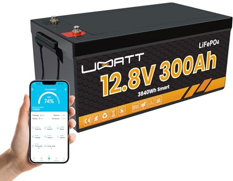 UBATT LiFePO4 12V 300Ah Lithium-Batterie mit Bluetooth, App-Überwachung, Solarbatterie für Wohnmobil, Camping, Haushalt, Autobatterie, Versorgungsbatterie