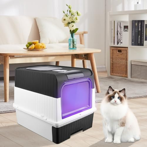 Maison de Toilette Chat,Grand Bac à Litière pour Chat, avec Pelle à Litière Auto-toiletteur Désinfection UV-48 * 35 * 36 cm-Noir