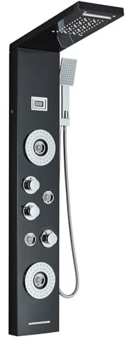 Hevenaov Duschpaneel LED Multifunktionale Schwarz Edelstahl Duschpaneele mit 5 Duschfunktionen Regenfall Wasserfall Dusche Handbrause Wanneneinlauf Duschpaneele für Badduschen