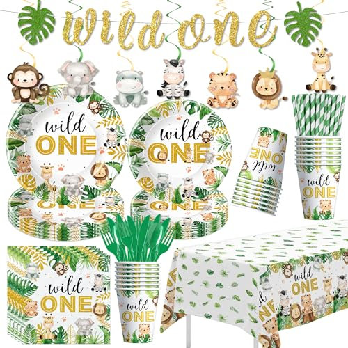 Owelleny Wild One Birthday Decorations Boy, Jungle Safari First Birthday Party Supplies, Paper Plates, Napkins, Cups, Tablecloth, Banner, Swirls, Wild Animal Theme Party Table Decorations, Serves 24