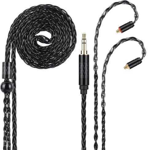 Alphatec 3.5mm to MMCX IEM Replacement Cable, 8-Core OCC Silver-Plated Earbud Cable, Ultra-Soft HiFi Earphone Cable, For In-Ear Monitor, 4.3ft, Black