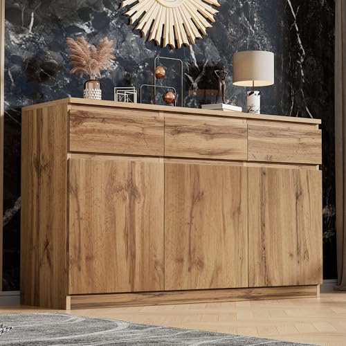 Jaxenor Sideboard Schlafzimmer mit 3 Türen und 3 Schubladen, Geräumiger Sideboard mit Schubladen, Multifunktionale Wohnzimmerschrank für Schlafzimmer, Holzfarbe