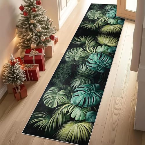 Meugesoi Tropische Monstera Teppich Läufer 60x120 cm Grün Blätter Carpet rutschfest Waschbar Bettumrandung Schlafzimmer, Teppichläufer für Küche, Flur, Eingangsbereich