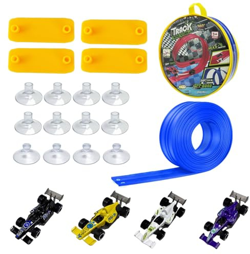 Rennstrecke Auto Spielzeug, 5 Meter Autorennbahn mit 4 Leichtmetallfahrzeuge und Handtasche, Rennbahn Kinder 3 4 5 6 Jahre, Flexible Race Track Kids, Geschenke für Jungen und Mädchen
