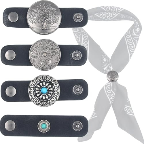 PEARLY JUN 4 Pcs Schwarz Western Bandana Schal Ring Halstuch Slide | Schnalle für Männer Frauen Seidenschal Cowboy Zubehör