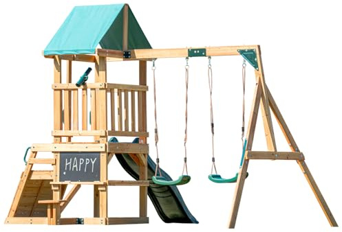 DOLPHIN PLAYGROUND T Schaukel Set mit 2 Schaukelsitzen, Klettergerüst, Tafel, Picknicktisch und Teleskop, Schweres Outdoor-Spielgerät aus Zedernholz für Kinder ab 3 Jahren