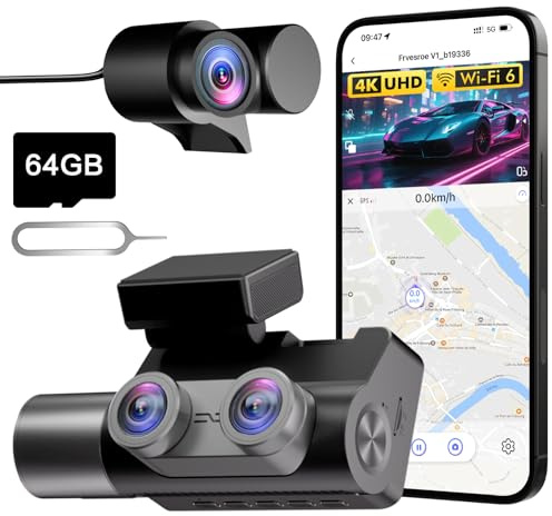 Frvesroe Dash Cam Auto 3 Canali, 4K UHD Anteriore + Full HD Posteriore + Interno, Sorveglianza Parcheggio 24h, WiFi 6 e GPS, Visione Notturna HDR/WDR, Dashcam con scheda 64GB & Espulsore Di Scheda(V1)