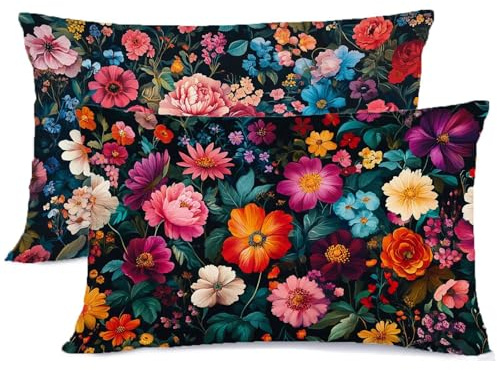Bunt Kissenbezug 40 x 80 Blume Kissen 40x80 Super Weich Kopfkissenbezug 2er Set Kissenbezüge mit Reißverschluss, Zierkissenbezüge Seitenschläferkissen Bezug Dekokissen Herbstdeko Weihnachtsdeko G - 50
