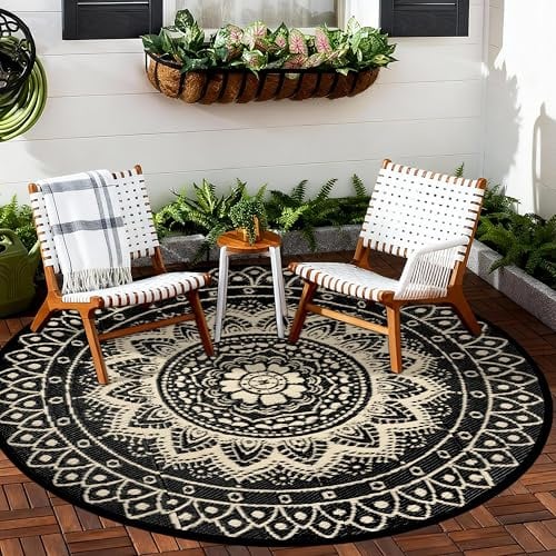 VSIWB Round Outdoor Rug for Patio 180cm Reversible Waterproof Foldable Garden Rugs Boho Plastic Straw RV Mat Picnic Camping Carpet for Balcony Beach Deck Terrace Apartment, Black/Brown