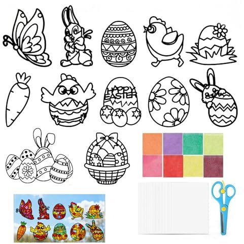 Bogoro Basteln Ostern Kinder, 12 Stück Fensterbilder Ostern Bastelsets,DIY-Fensteraufkleber mit Osterhasenmotiv,Geeignet als Handgemachtes Ostergeschenk für Mädchen und Jungen.