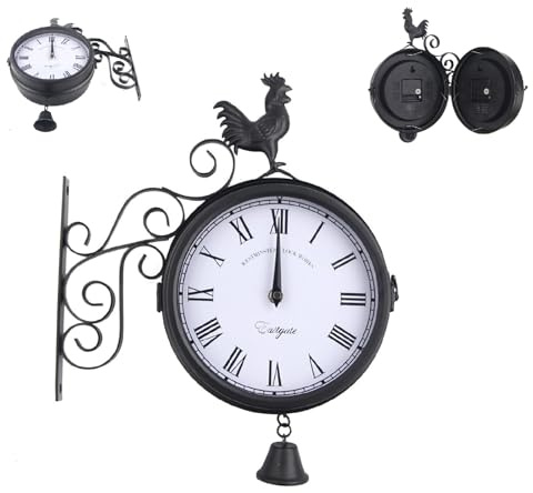 CLKAX Bahnhofsuhr Doppelseitig, 20cm Zifferblatts Retro Wandmontage Gartenuhr, Analoge Wanduhr mit Leises Uhrwerk, 30 x 37 cm für Garten, Bahnhof, Schlafzimmer, Wohnzimmer, Büro