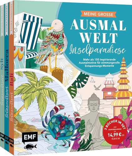 Meine große Ausmalwelt – Inselparadiese: 3 Bücher im Bundle | Mehr als 150 inspirierende Ausmalmotive für stimmungsvolle Entspannungs-Momente | ... entdecken: Mit Wissen zu Natur und Kultur