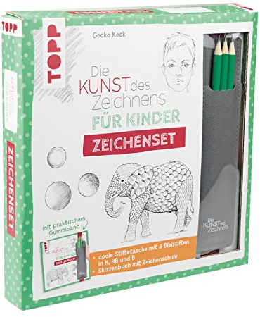Die Kunst des Zeichnens für Kinder Zeichenset: Kinder-Zeichenschule mit Skizzenseiten und cooler Stiftetasche mit 3 Bleistiften. Mit praktischem Gummiband