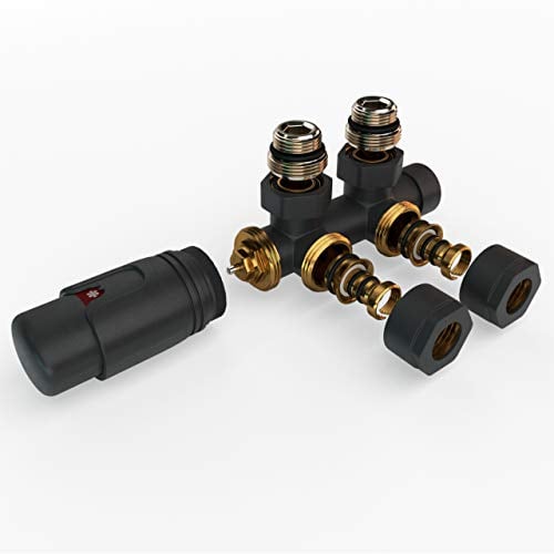 Design Multiblock für Heizkörper – Mittelanschluss-Set in Eckform Anthrazit mit 50 mm Nabenabstand – Hahnblock, Thermostatventil, Anschlussarmatur für Kunststoff- und Kupferrohre