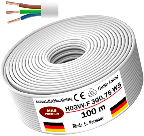 MAS Premium Câble flexible en plastique H03VV-F 2X0,5, 2 x 0,75, 3G0,75 ou 4G0,75 - De 5 à 100 m - Câble d'appareil - (H03VV-F 3G0,75 WS, 100 m)