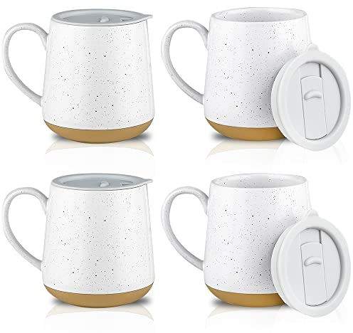 HVH Ceramic Coffee Mug With Lid, 17oz Set of 4, Large Handle Cups for Tea and More, Farmhouse Style (White)