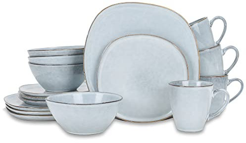 Elanze Designs 16-Piece Modern Luxury Chic Smooth Vintage Handmade Shape High Gloss Ceramic Stoneware Square Plate Mug & Bowl Kitchen Dinnerware 16 Piece Set - Service for 4, Ice Blue