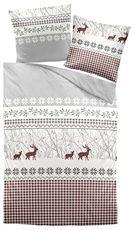 Traumschlaf Feinbiber Bettwäsche Hirsche grau – warme Winterbettwäsche aus 100% Baumwolle – flauschig weich & atmungsaktiv – im schönen Winterdesign – 135 x 200 cm + 1 Kissenbezug 80 x 80 cm