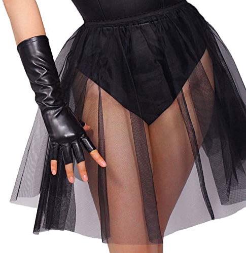 DooWay Damen-Handschuhe, lange Halbfinger, Leder, schwarz, Kunstleder, Polyurethan, oberhalb des Handgelenks, 28 cm, für Motorrad, Punk, kurz, fingerlos, Schwarz , 38