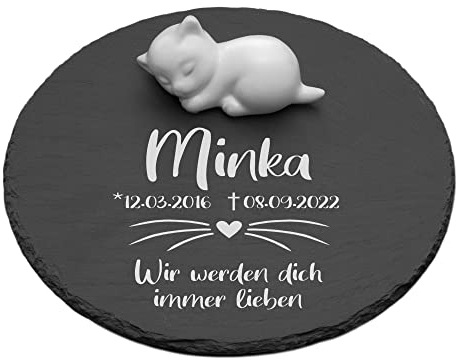 kultdog Grabstein aus Schiefer mit Katze - Gedenkstein mit Gravur - Tiergrabstein - Gedenkstein personalisiert - Trauer, Erinnerung, Andenken - Haustier Grabschmuck - Schnurrhaare