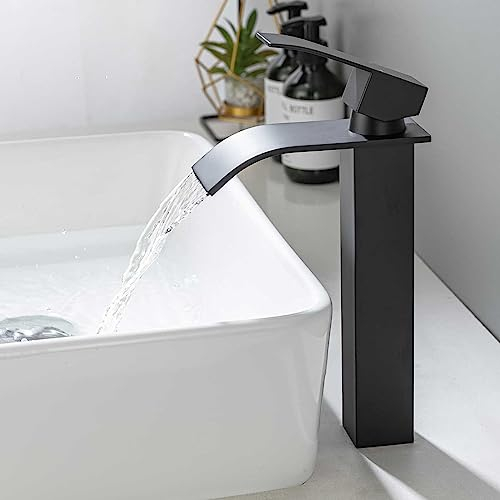 ONECE Grifo Lavabo Negro de Cascada Alto, Grifería de Baño de Encimera, Mezclador Monomando de Acero Inoxidable 304, Agua Fría y Caliente, Diseño Elegante, Sin Plomo