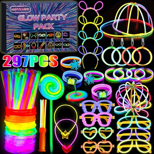 MOYKSRR 297 PCS Pulseras Luminosas Fluorescentes, Barras Luminosas Fluorescentes, Set de Fiesta de Palos Luminosos de Neón, Pulseras Luminosas para Niños para Fiestas, Bodas, Cumpleaños, Navidad