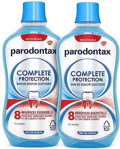 PARODONTAX - Bain de Bouche Quotidien Complete Protection - 8 Bénéfices pour des Gencives Saines & des Dents Fortes - Combat les Bactéries de la Plaque Dentaire - 0% Alcool - Menthe Fraîche - 2x500 ml